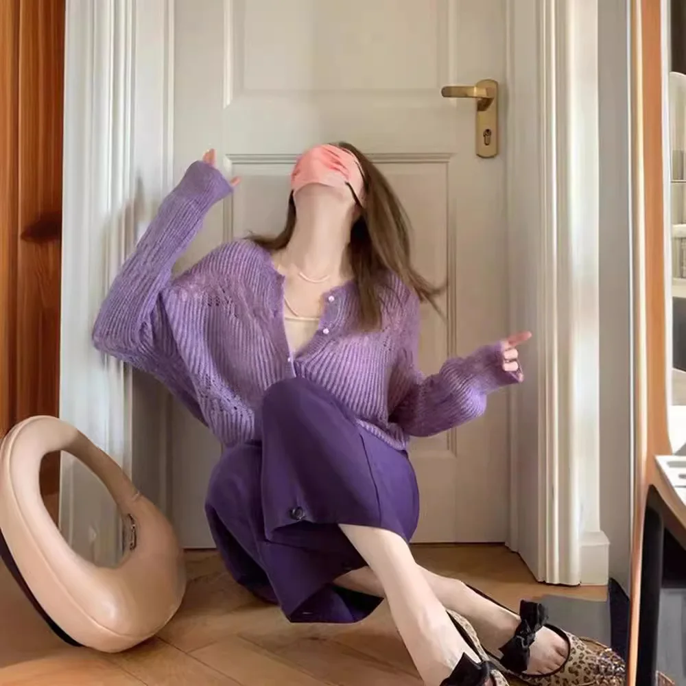 

2025 Autumn Winter Women's Purple Short Knit Sweater Japanese Lazy Style Milk Like Soft 2025 Trendy Cute Top