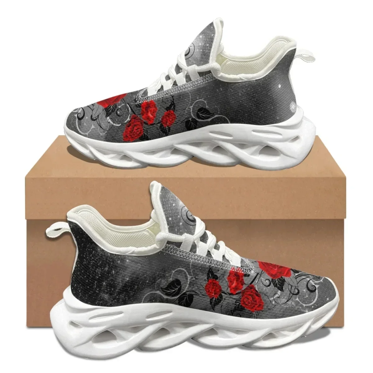 Valentine's Day Gift 3D Red Rose Design Ladies Sneakers Comfortable Shock Absorption Running Shoes Lightweight Flat Shoes