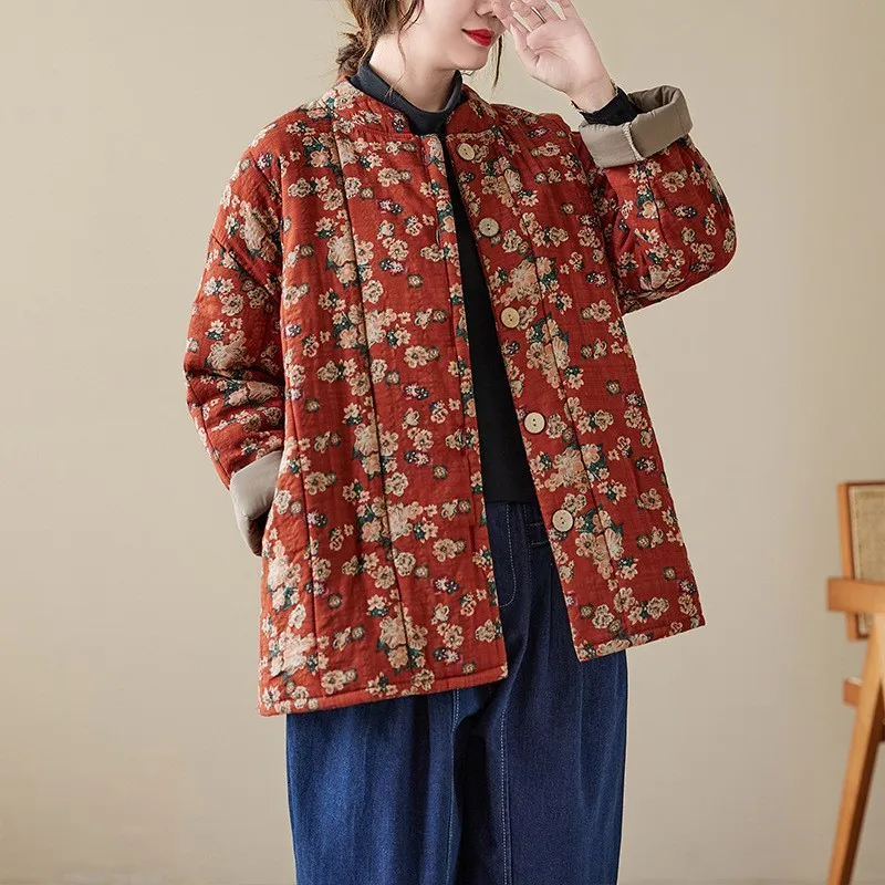 Johnature abbigliamento invernale nuovi cappotti di cotone floreale rotto colletto alla coreana giacca da donna calda allentata cappotto di cotone stampato spesso in cotone 2024