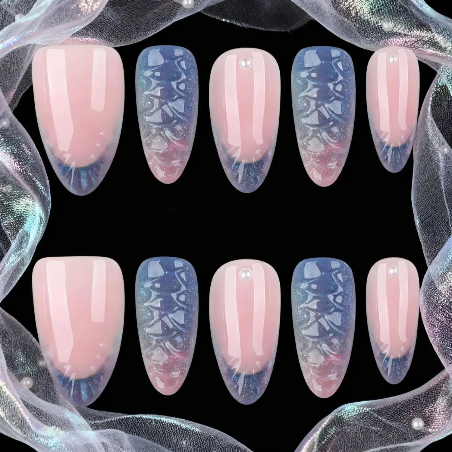 

24 шт., модный набор коротких миндалевидных ногтей, полное покрытие, жемчужная волна, френч-пресс на накладных ногтях для женщин и девочек, съемный дизайн ногтей