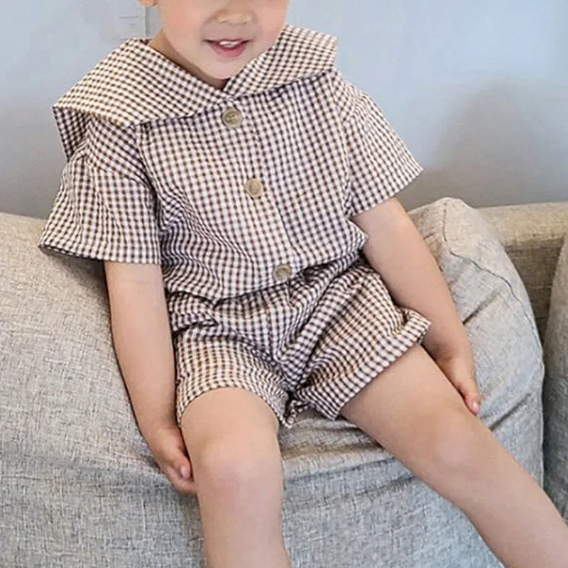 Summer Fashionable Children'S Clothing Sets Primary School Style Plaid Girls Boys Sailor Collar Short-Sleeved+ Shorts