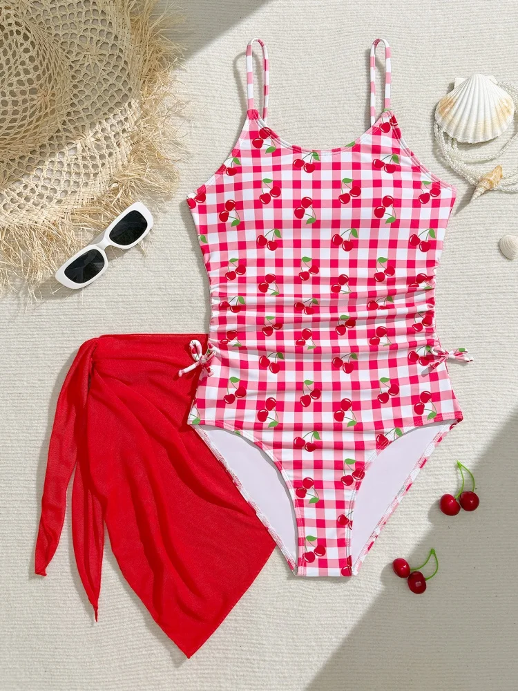 One Piece Girls Kids Swimsuit 2026 New Red Cherry Sling Children Swimwear Summer Mesh Beach Cover Up Bathing Suit For Swimming