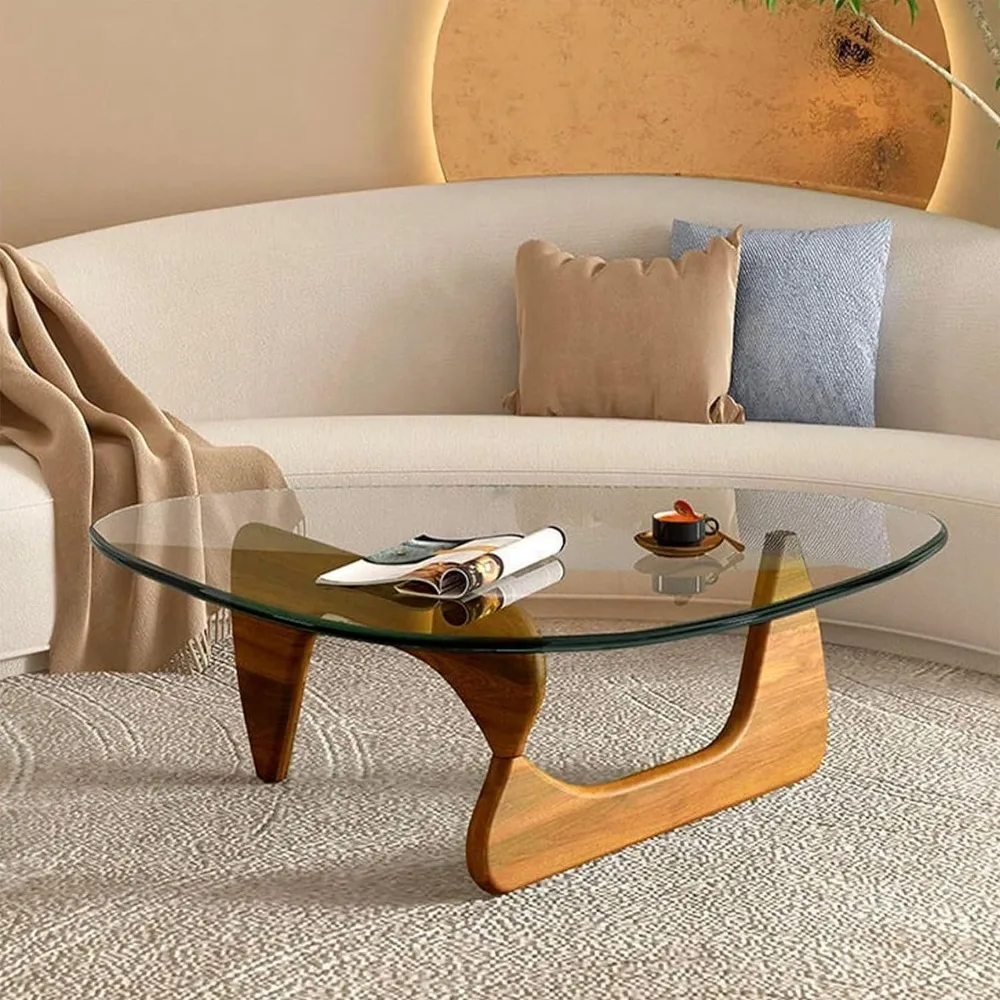 Triangle Glass Coffee Table with Wooden Base Mid-Century Modern Abstract End Table for Study Room Office Hotel Balcony