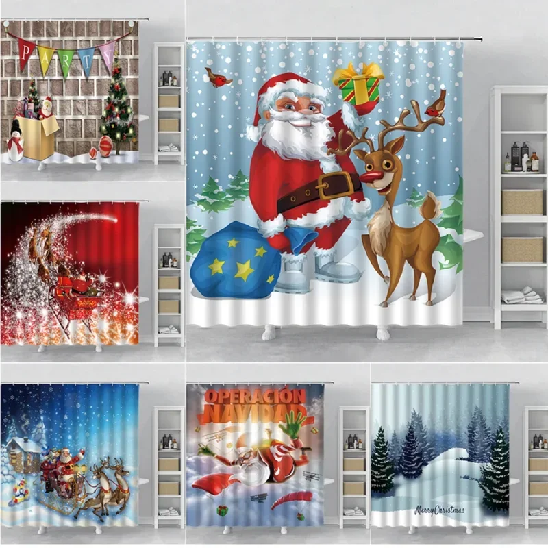 Fun Flight Santa Claus Shower Curtain Sky White Cloud Airplane Children Bathroom Decor Set Waterproof Bath Curtain Boy Girl Gift