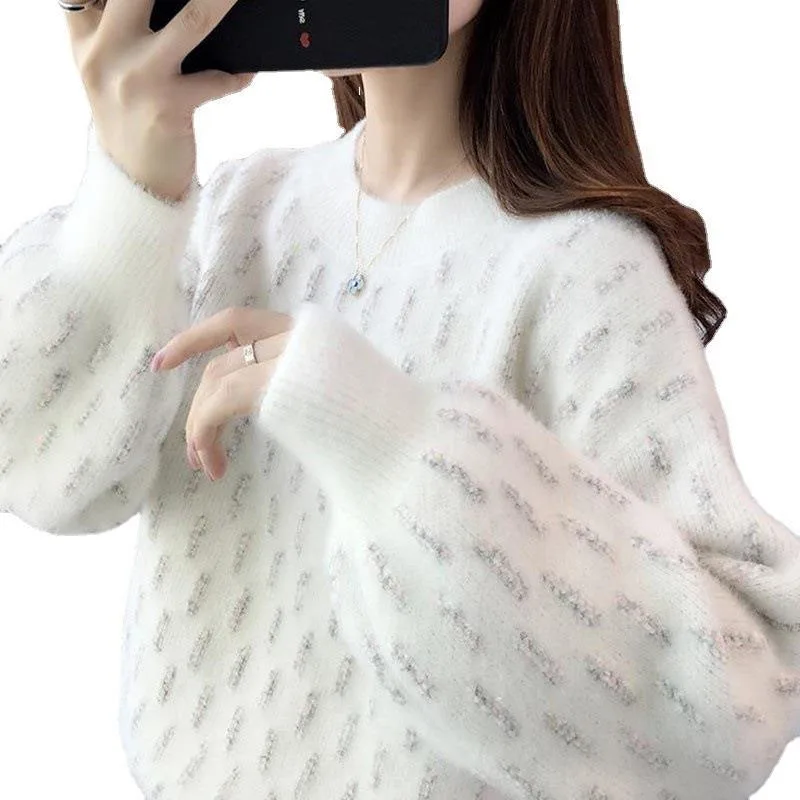 New Autumn and Winter Fashion Lazy Style Imitation Ferret Round Neck Thickened Loose Versatile Western Women\'s Knitted Sweater