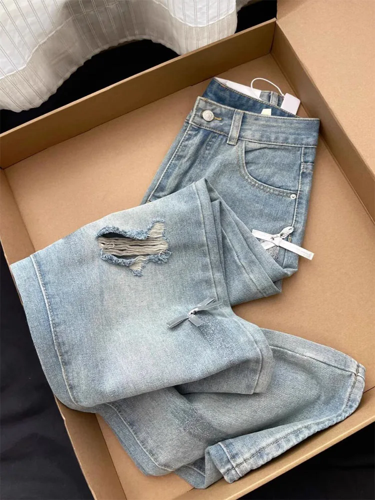 

Широкие джинсы с высокой талией, женские свободные брюки с отверстием для узла, винтажные джинсы прямого кроя