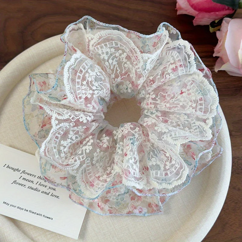 

Pink and Green Floral Lace Trim Hair Tie for Women New Style Hair Band with Flower Design Bun Hair Accessory with Hair Tie