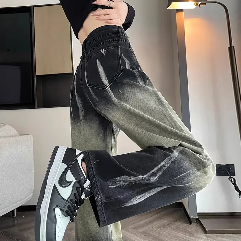 2024 Spring  Autumn New Straight Tube Loose Wide Leg Floor Pants Niche Design Gradually Changing Color Tie Dye Jeans