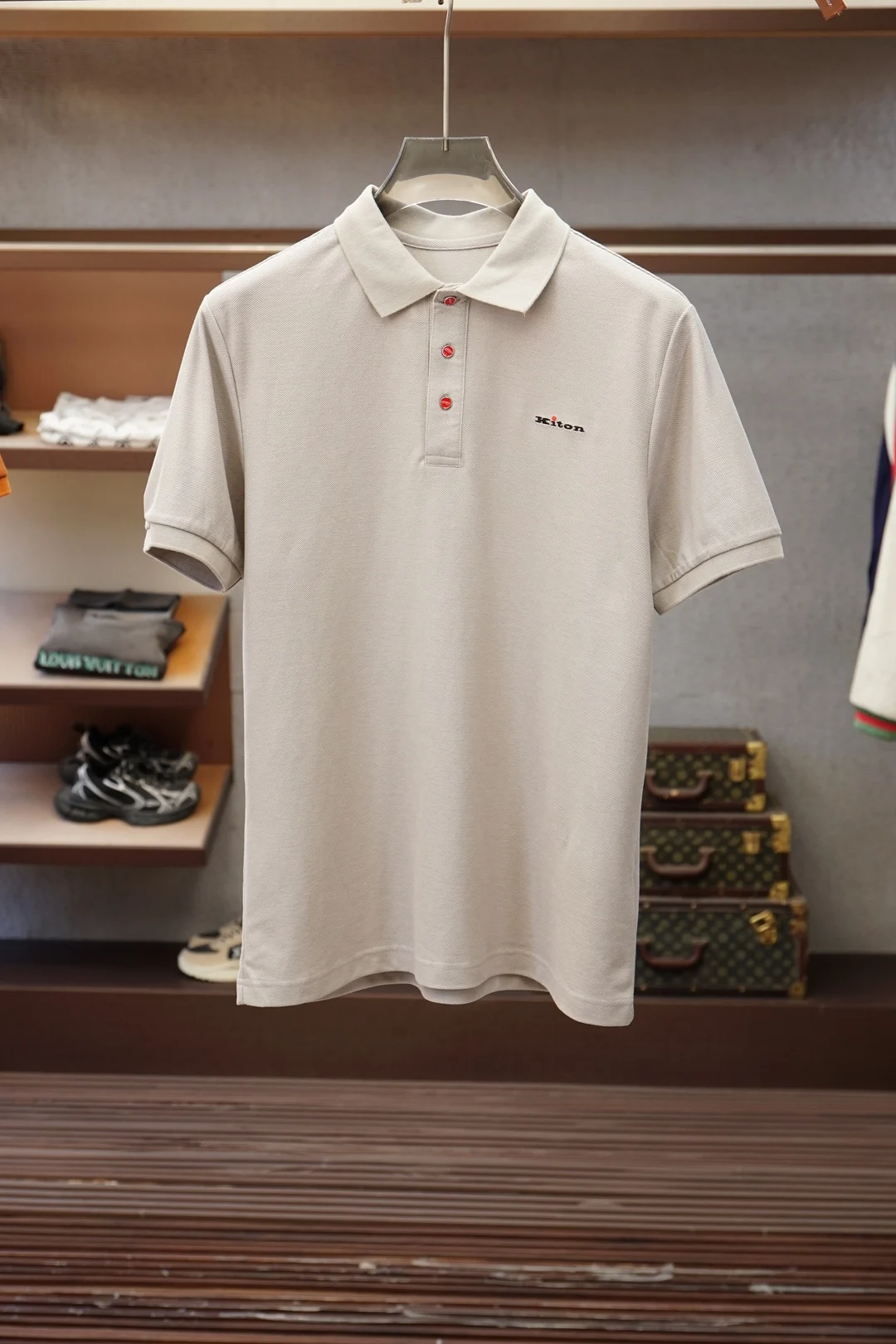 Italy Kiton old money wind light pearl cotton short-sleeved embroidered lapel polo shirt