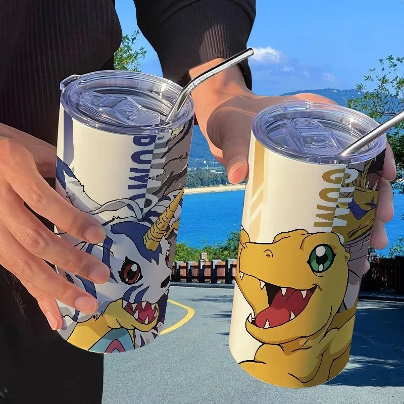 New Digimon AGUMON Gabumon Cartoon Anime Stainless Steel Straw Thermos Cup Fashionable and High-Looking Portable Water Cup