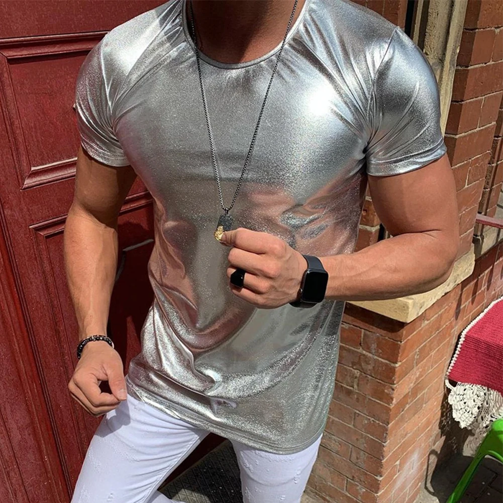 Casual Men\'s Wet Look Faux Leather Short Sleeve T-Shirt Tees Muscle Tops Summer Party Clubwear T Shirt Man Clothing