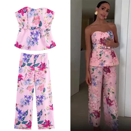 Conjuntos de pantalones y chaleco con estampado geométrico para mujer, 2 piezas, decoración de plumas, camisetas sin mangas con cuello en V, trajes informales para mujer