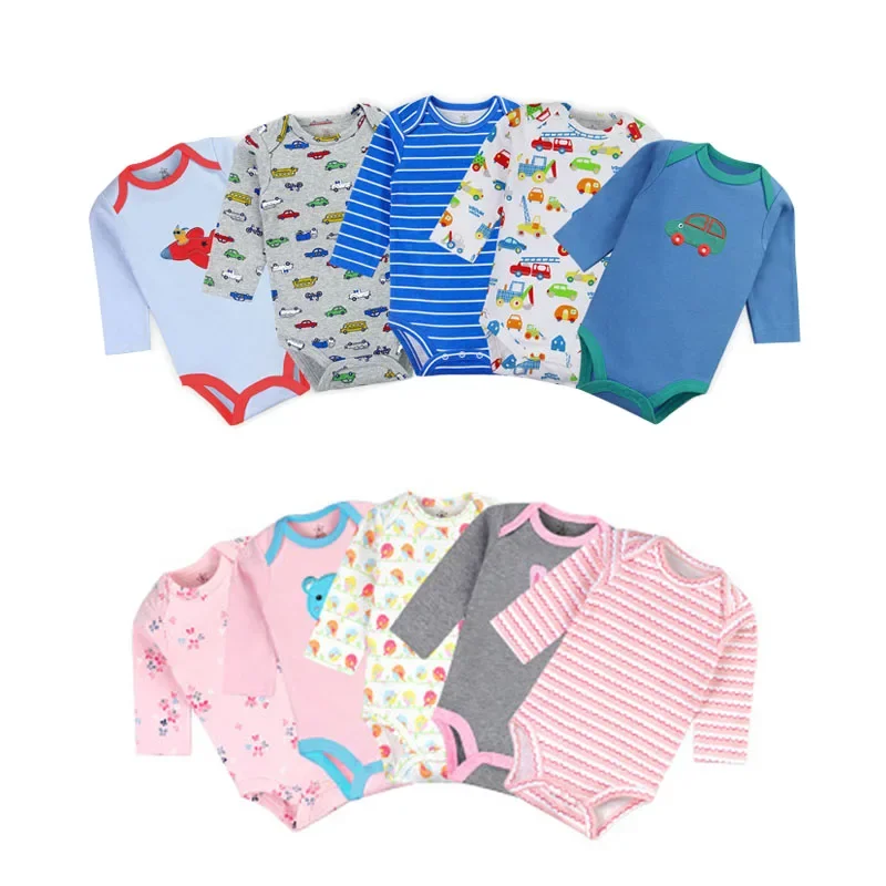 5Pcs 3M-24M Long Sleeve Cotton Infant Bodysuits, High Quality Winggle-in Design