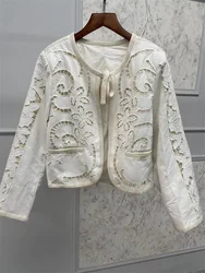 Round Neck Tied Ladies Long Sleeve Cotton and Linen Coat Outwear Tops Women Hollow Out Embroidered Jacket Early Autumn