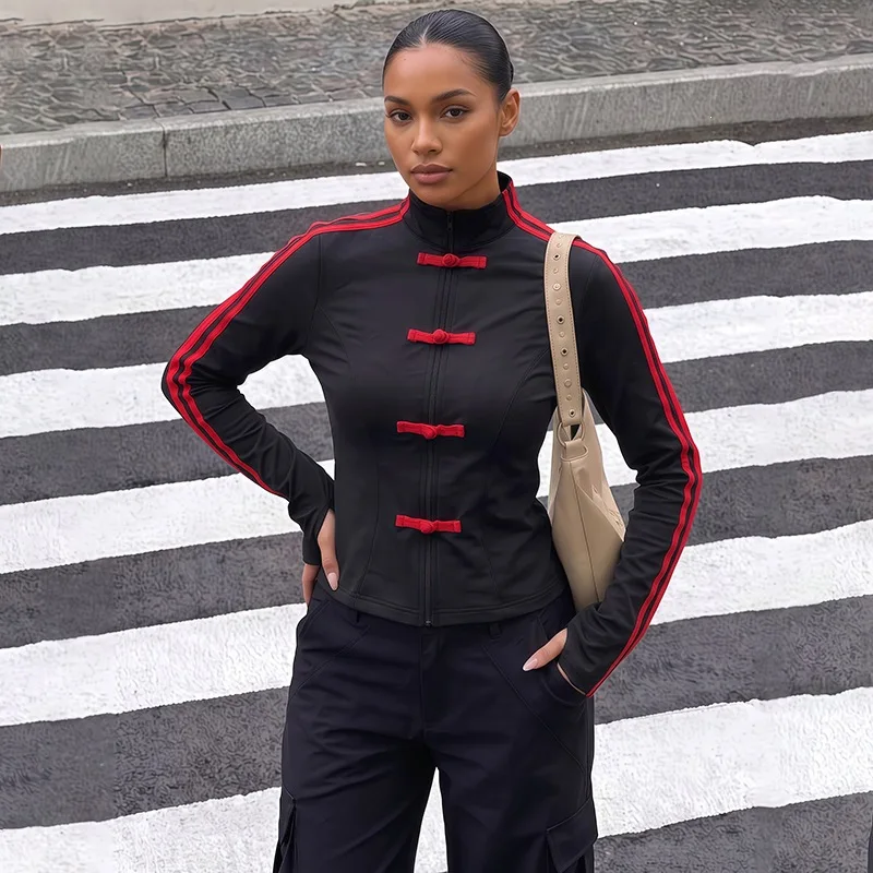 Color Patchwork Slim Fit Jacket Women Trend Stand Collar Frog Buttons Zip-up Full Sleeve Casual Streetwear Coats Outerwear Tops