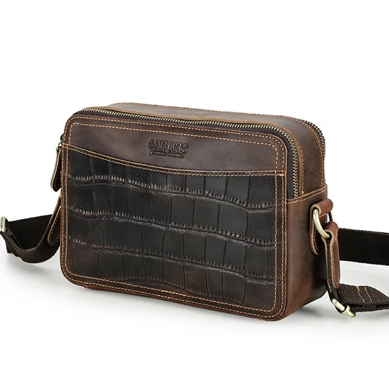 Moda estilo britânico camada superior de couro cavalo louco ombro único crossbody padrão crocodilo couro genuíno bolsas masculinas