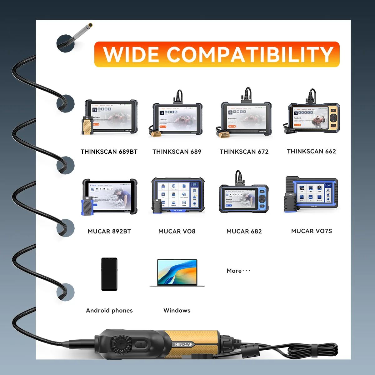 THINKCAR TES102 Endoscope Camera 720P HD Automotive Inspection Camera For Car Repair IP67 Waterproof 6 LEDS 689BT MUCAR 892BT