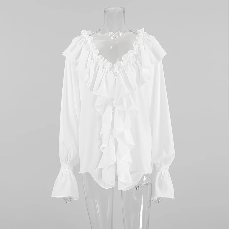 Tornova Ruffled White Chiffon Shirt For Women Loose Casual Solid V Neck Pullover Top 2025 Spring New Female Long Sleeve Shirt