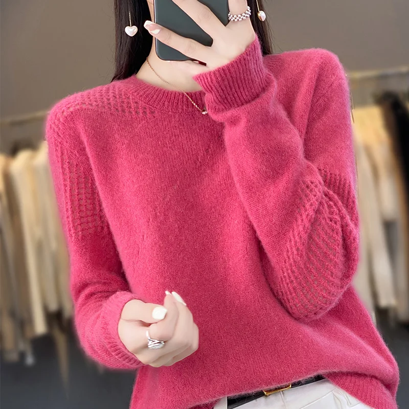 MOONYUEFA-Pure Wool Sweater for Women, O-Neck Pullover, Long Sleeve, Hollow Cashmere, Solid Color Bottoming Shirt, Top, New,100%