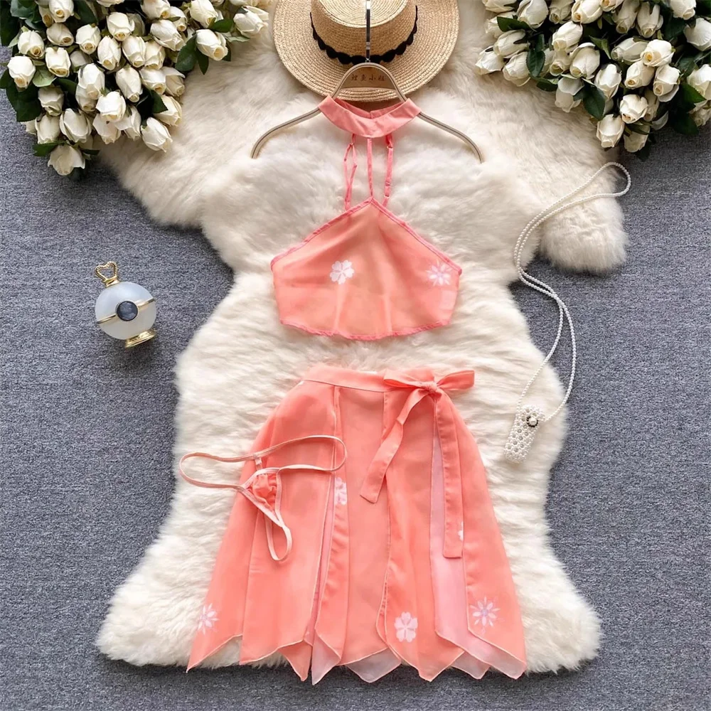 انظر من خلال الحلو مثير الرسن الرقبة أكمام قصيرة المحاصيل الأعلى حزام تنورة صغيرة مطبوعة الأزهار المرأة مجموعة الصينية Hanfu زي جديد #1