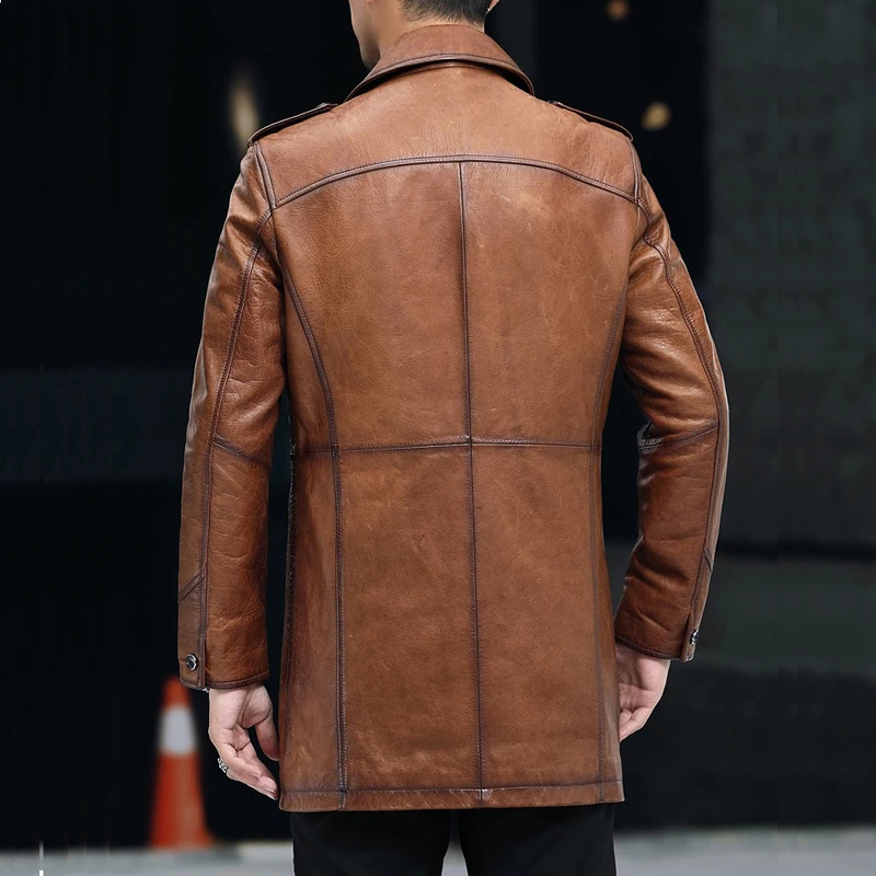Oil Wax Leather Windbreaker For Men Top Layer of Sheepskin long Jacket Male Casual Pocket Retro Brown Coat For Winter Casaco