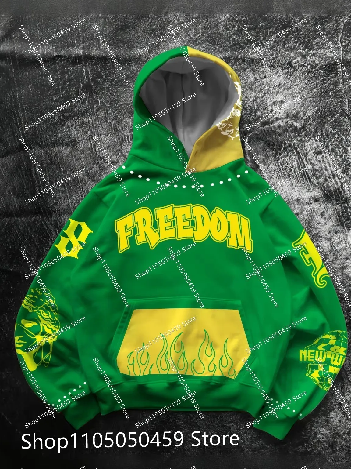 

Autumn and Winter Men's Warm Street Trendy Hoodie Green Yellow Contrast Freedom Flame Print Fashion Street Hoodie 3D printing