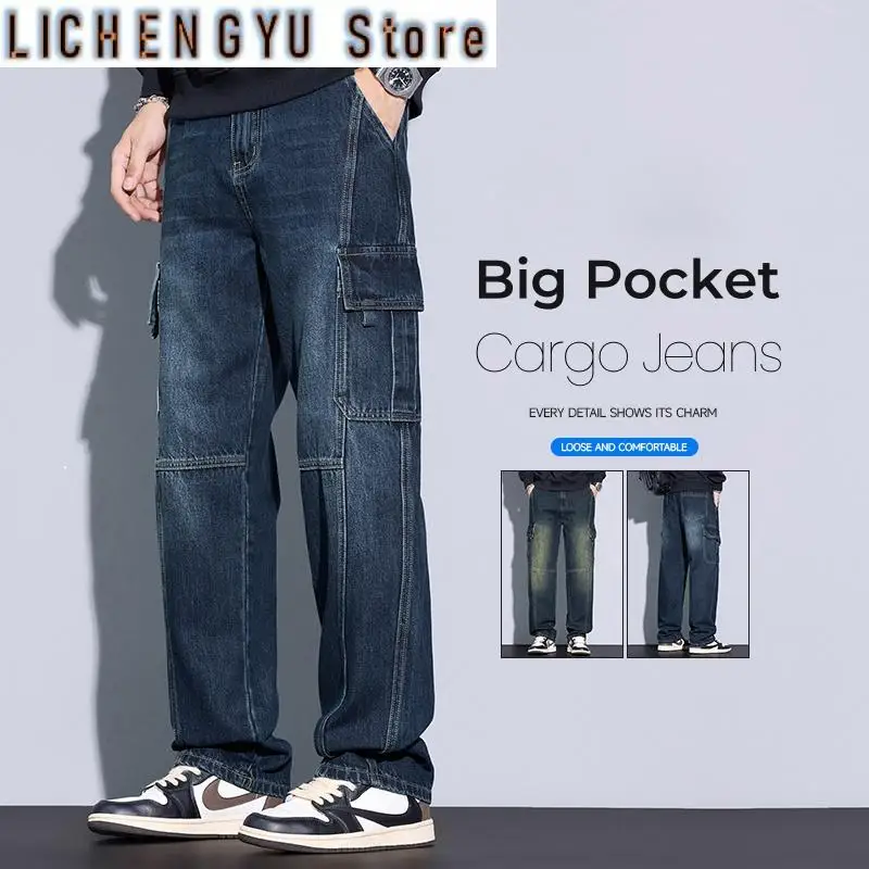 Men's 97% Cotton Straight Cargo Jeans Trendy Multi-pocket Nostalgic Loose Trousers Man American Vintage Fashion Denim Pants