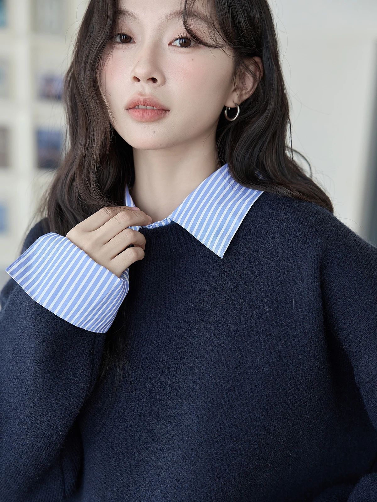 

Chic Korean Sle Knitted Sweater Women's Spring New Faion HuiXi Dstring Hooded Fake Two-Piece Long Sve Top