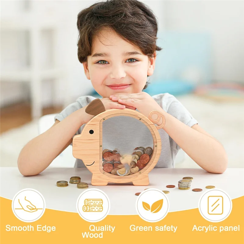 

Wooden Piggy Bank For Kids Large Piggy Bank For Boy And Girls, Cute Unbreakable Wood Money Bank, Saving Money Jar-A98U
