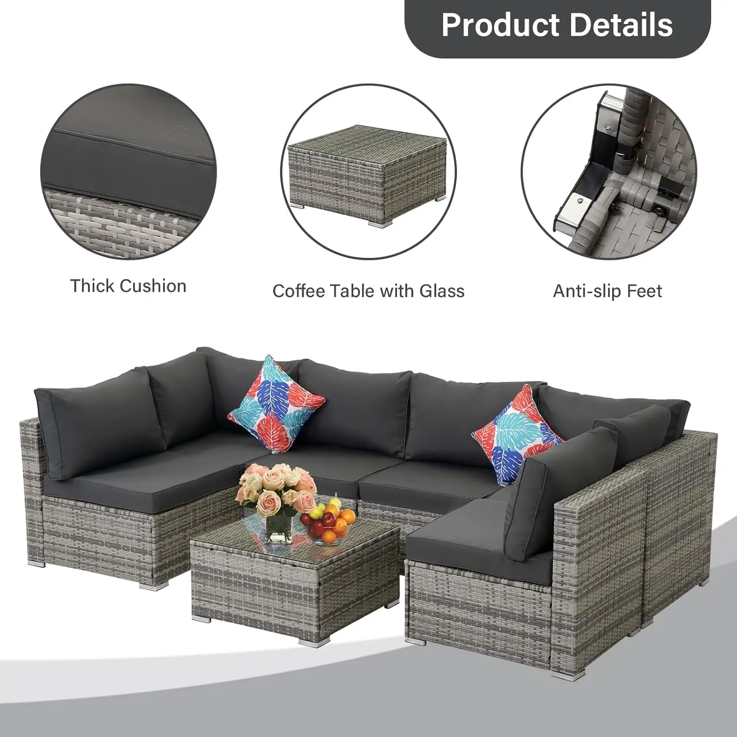 7 pcs PE Rattan Wicker Sofa Sets, All Weather Sectional Patio Furniture Conversation Sets with Tea Table and Cushions