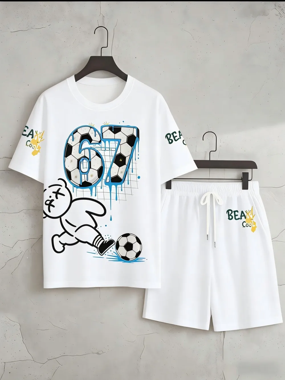Men's summer teddy bear letter print comfortable breathable round neck T-shirt drawstring shorts set outdoor casual wear view 6