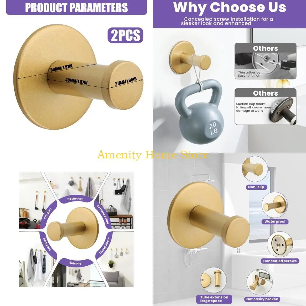 

F26C 2Pcs Zinc Alloy Metal Hooks With Strong Adhesive Backing For Bathroom Kitchen