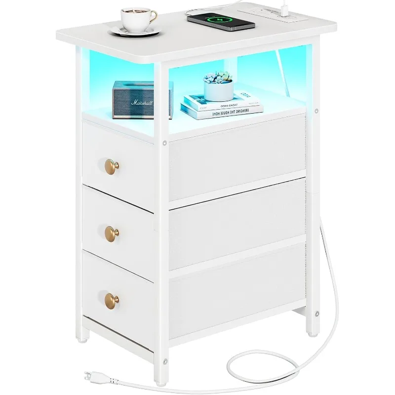 

End Table with Charging Station, LED Narrow Side Table Bedside Table, Small Night Stand End Tables Living Room