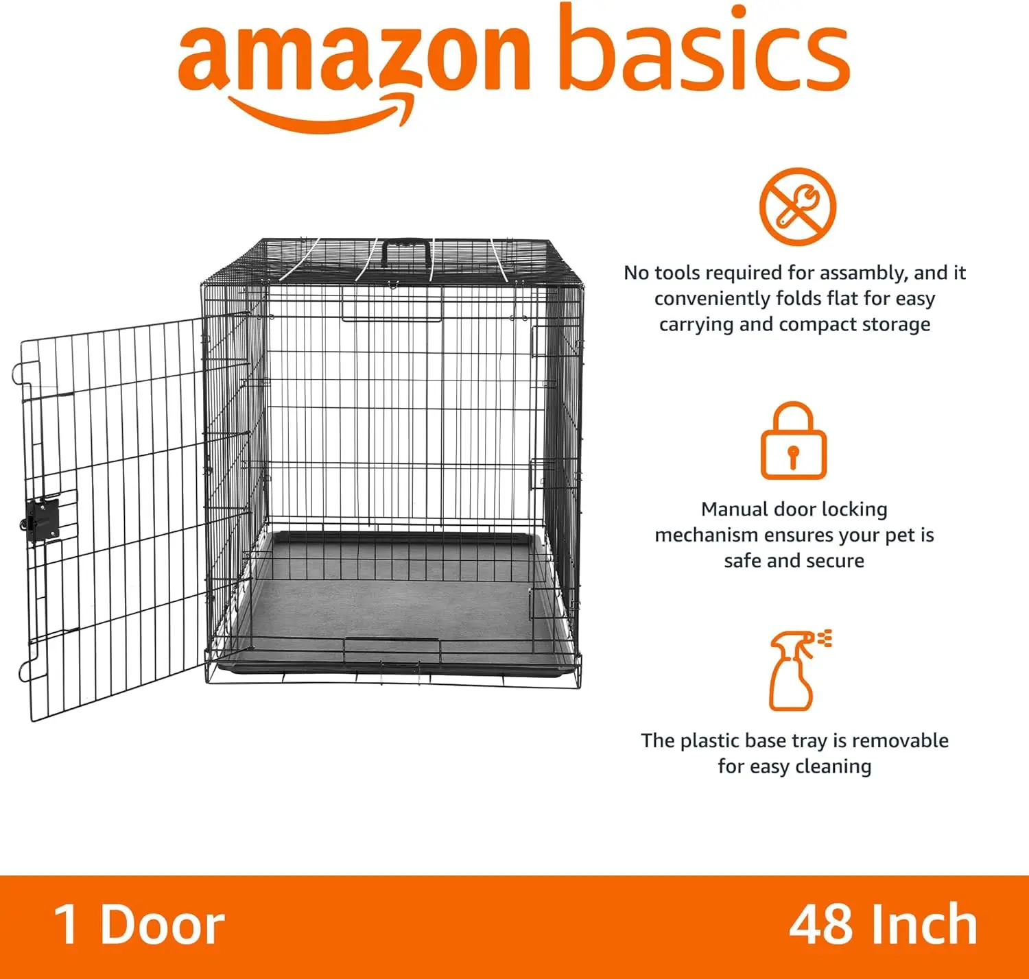 Caixa para cães de fio de metal dobrável durável com bandeja, porta única, 48 x 30 x 32,5 polegadas, preta para animais de estimação grandes