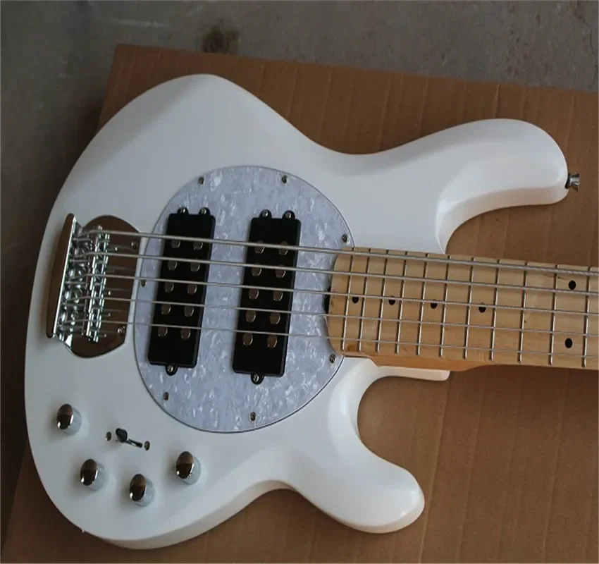 Wholesale White Music Man 5 Strings Electric Bass With Active Pickups 9V Battery Guitar in stock