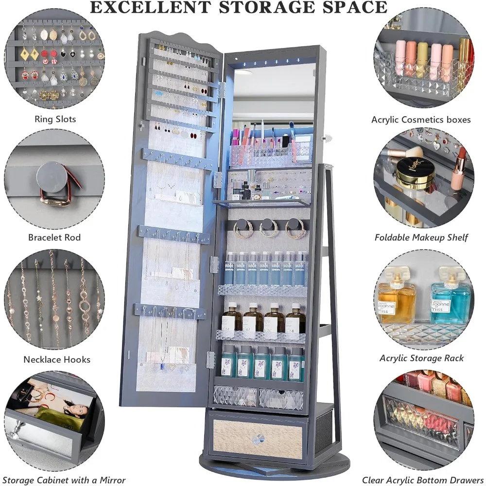 "60° Rotating LED Jewelry Armoire with Full-Length Mirror - Lockable Floor Cabinet with Storage Shelves",Customized,Customized