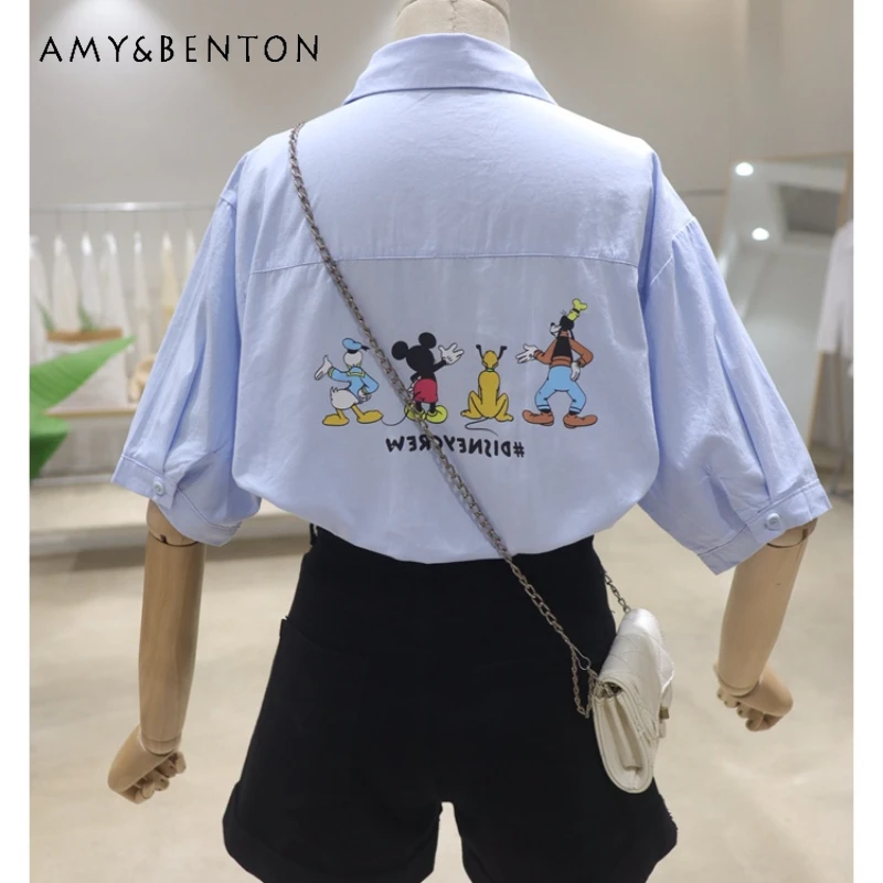  Comfortable Breathable Back Cartoon 2024 Summer Loose Slimming Cotton Short-Sleeved Shirt Women's Long Sleeved Blouse