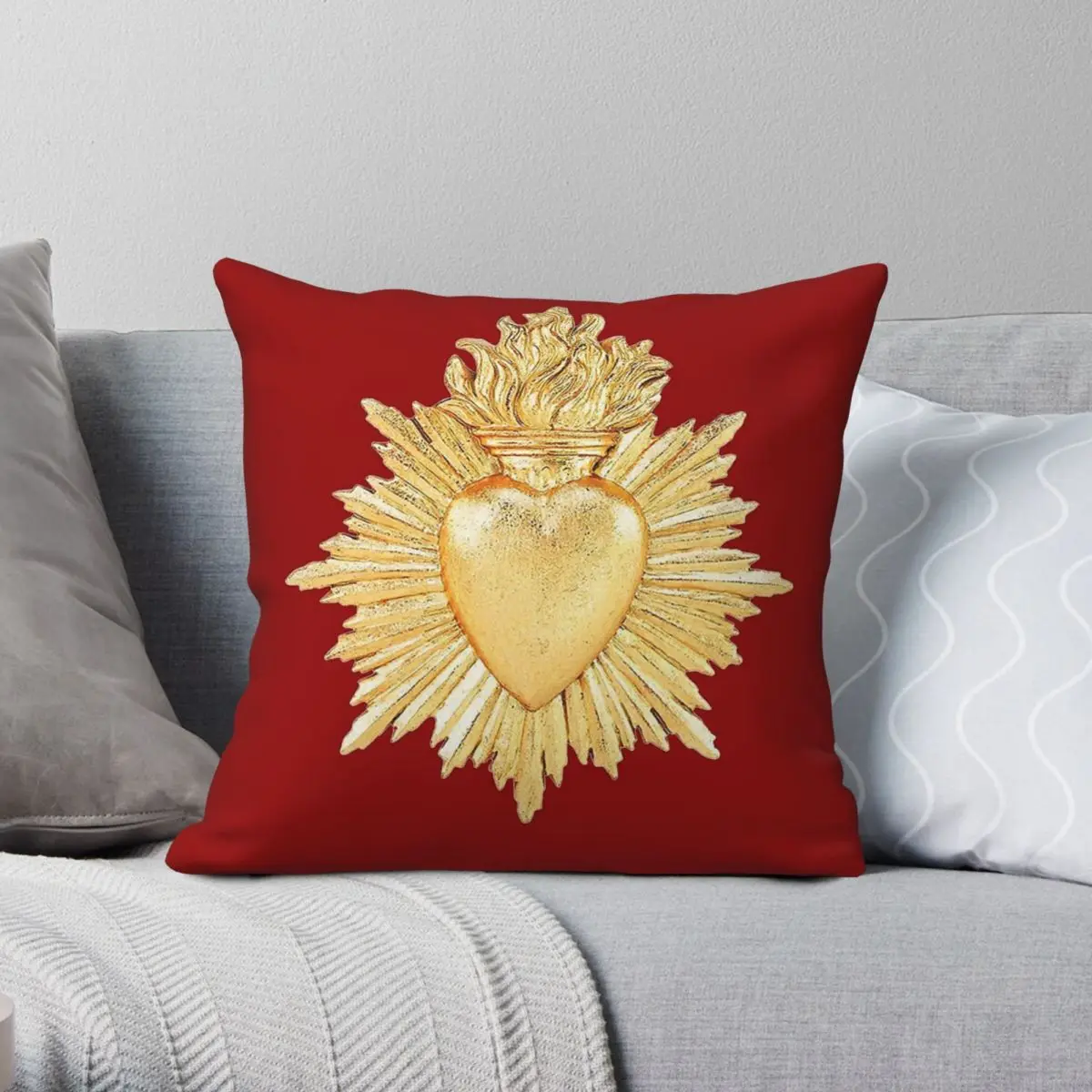 Heart Of Gold Sacred Pillowcase Polyester Linen Velvet Pattern Zip Decor Room Cushion Cover