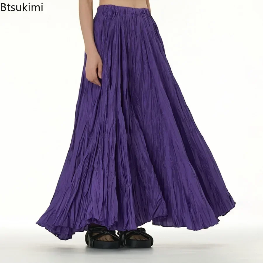 2024 Women\'s Elegant Drape Crumpled Skirts Summer Elastic Waist Big-Hem Long Skirts Large Size Loose Umbrella Skirts Streetwear