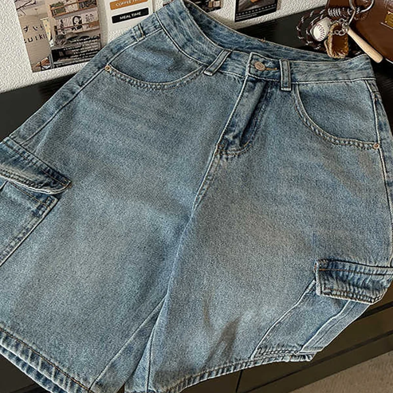 

Retro Blue Cargo Denim Shorts Women 2025 Summer New Korean Style Wide Leg Knee Length Jeans High Street Girls Washed Short Pants
