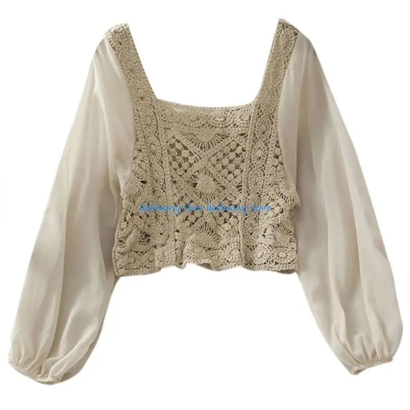 573B Women Sheer Puff Long Sleeve Shirts Autumn Vintage Sqaure Neck Thin Blouse Crochet Cover Up Pullover Crop Top view 4