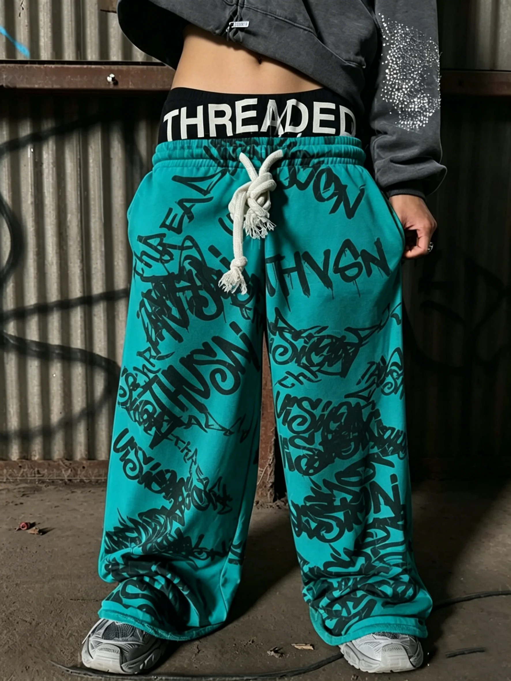 American 2025 New Popular Printed Wide Leg Pants Fake Two Piece Youth Hip Hop Pants