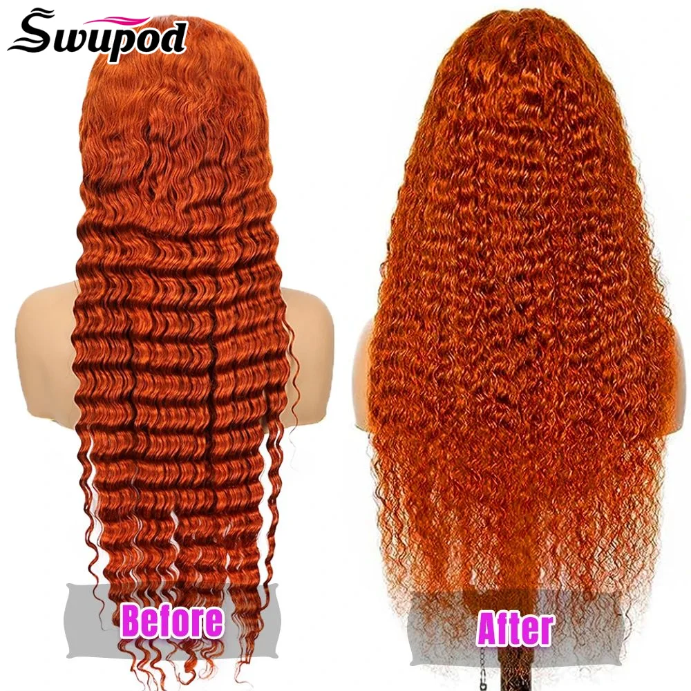 Swupod 13x4 13x6 220% Density Transparent HD Lace Front Wig for Women Deep Wave Remy Human Hair Ginger Orange 350# Loose Curly