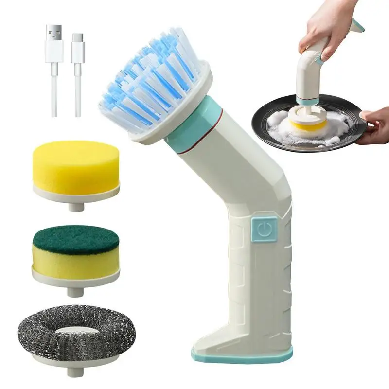 Household Cleaning Brushes Handheld Scrubber With 4 Replaceable Brush Heads Dish Brush 2 Rotating Speeds For Bathroom Grill And