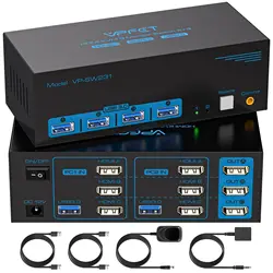 8K60Hz HDMI KVM Switch 2 PC 3 Monitors USB 3.0 KVM Switch 3 Ports with 4 USB Ports For 2 Computers That Share 3 Monitors