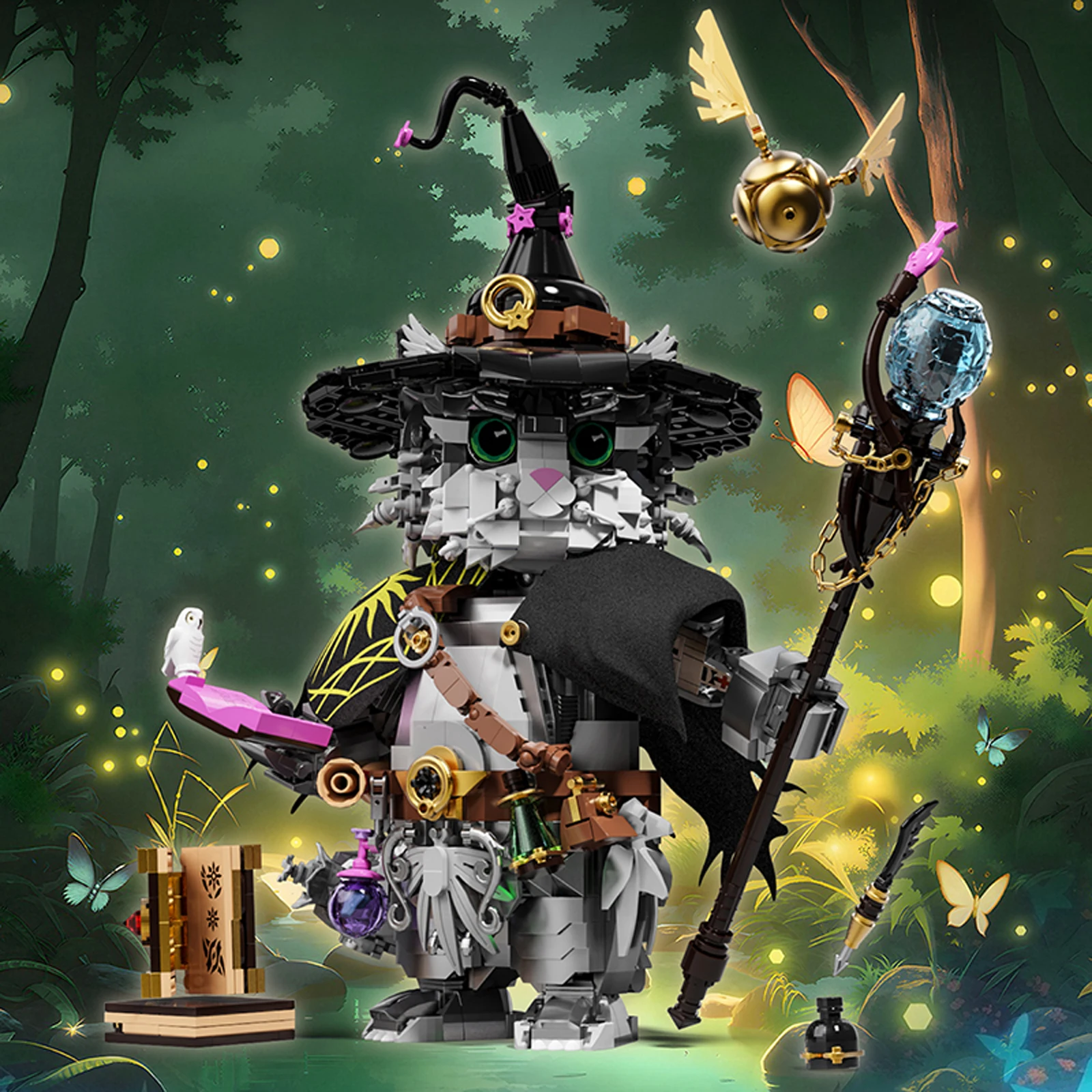 1458PCS Wizard Cat Building Blocks Magic Animal with Magic Wand Movable Joints Kids Educational Assembly Toys DIY Xmas Gift