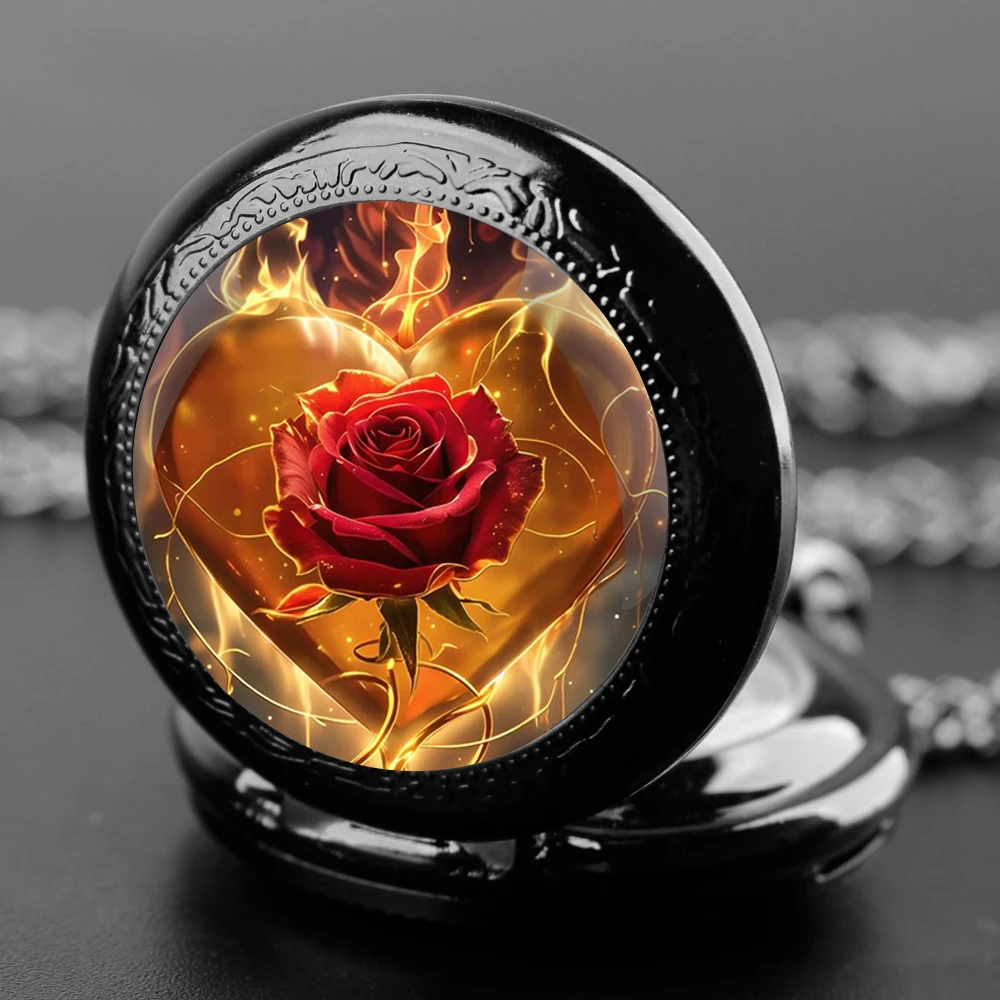 Fiery Rose Inspired Design Black Quartz Pocket Watch with Durable Chain Arabic Numeral Time Display for Men and Women Gifts