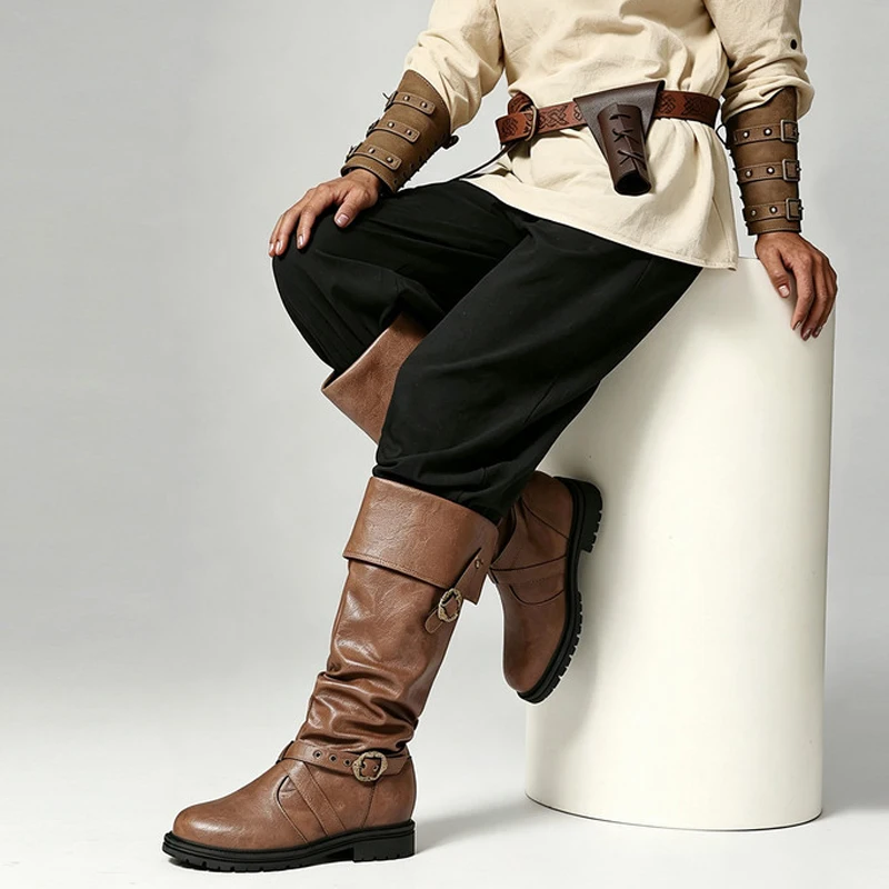Medieval Leather Boots Jack Sparrow Renaissance Half Haddock Shoes Cosplay Larp Pirate Warrior Vintage Jackboot Adult Men MSH101
