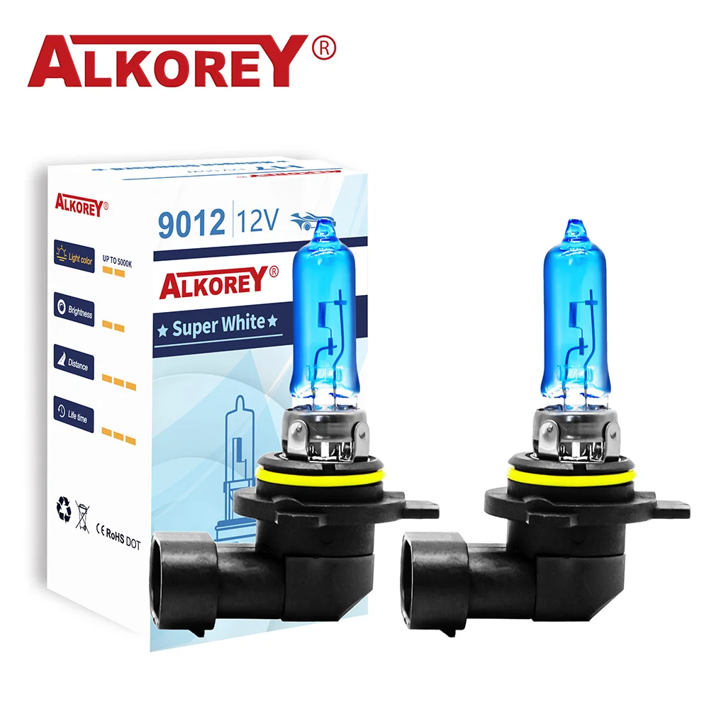 ALKOREY 2 Pcs 9012 HIR2 12V 55W Car Headlight Bulbs 5000k Super White Blue Glass Auto Halogen Lamps High Beam Lights