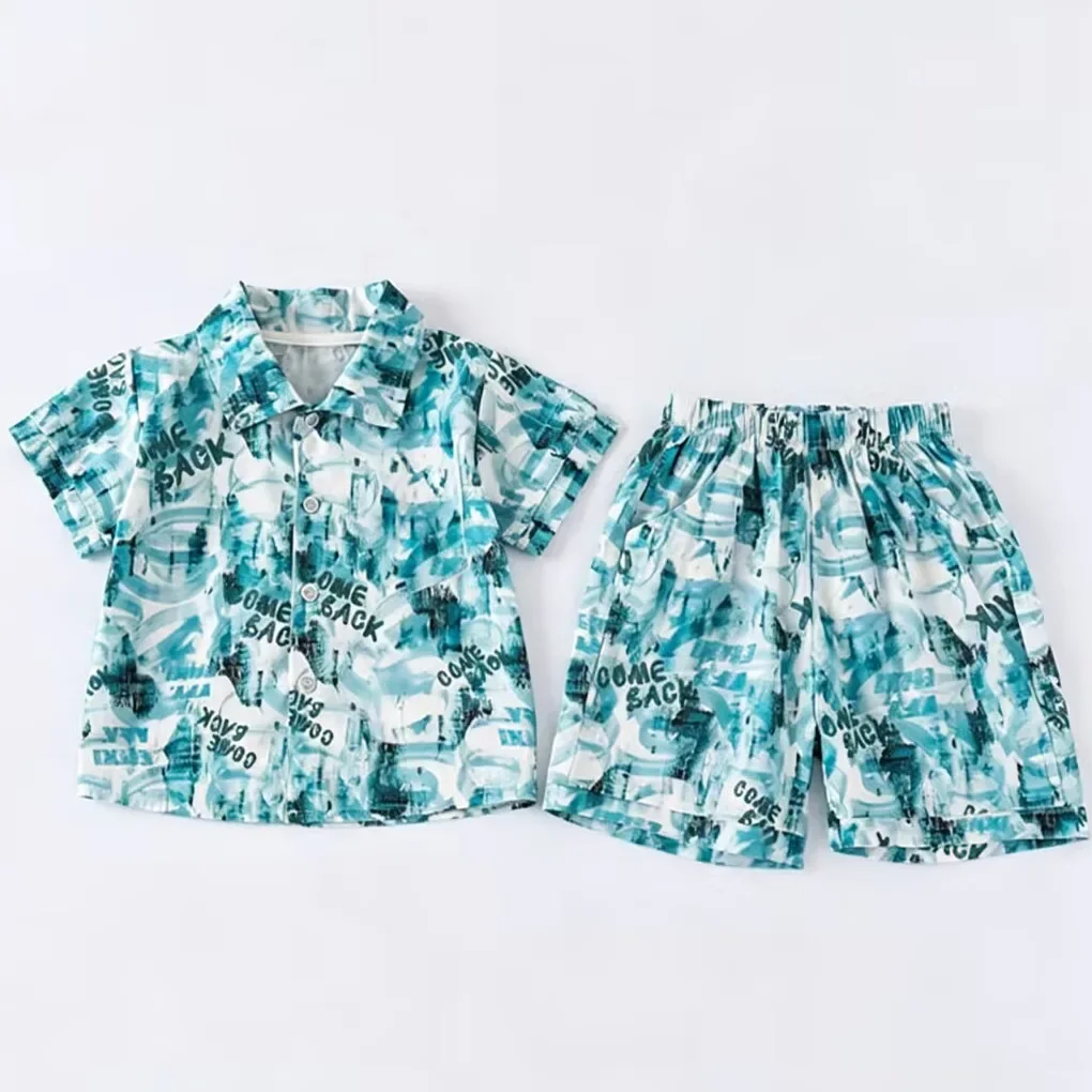 Baby Boy 2PCS Casual Outfit Watercolor Print Short Sleeve Button-Down Shirt & Shorts Set for Kids Daily Vacation Beach Wear 2